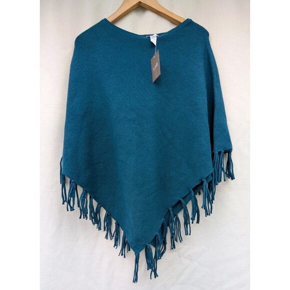 J Jill Womens poncho sweater S-L fringe cotton teal blue boho minimalist Tassels - Picture 3 of 4